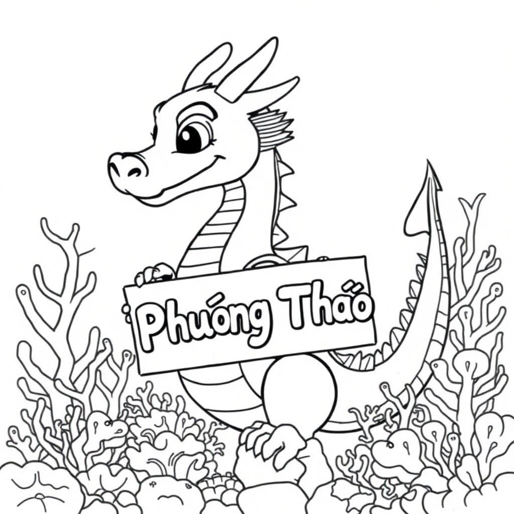 A profile view of a friendly dragon, holding a sign with "Phuong Thao" written in white bubble letters, in profile, in a underwater coral reef kingdom, surrealist style