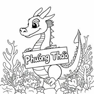 A profile view of a friendly dragon, holding a sign with "Phuong Thao" written in white bubble letters, in profile, in a underwater coral reef kingdom, surrealist style
