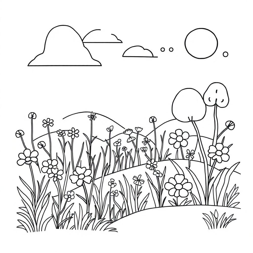 Let's create me coloring pages with the natural world. there are flowering plants. grass
