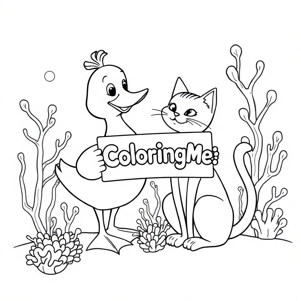 A friendly DUCK and CAT, holding a sign with "ColoringMe" written in white bubble letters, in profile, in an underwater coral reef kingdom, surrealist style