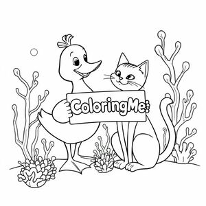 A friendly DUCK and CAT, holding a sign with "ColoringMe" written in white bubble letters, in profile, in an underwater coral reef kingdom, surrealist style
