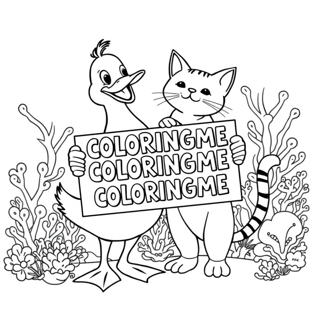 A friendly duck and cat, holding a sign with "COLORINGME COLORINGME COLORINGME" written in white bubble letters, in profile, in an underwater coral reef kingdom with vibrant colors and surreal elements, 4k, highly detailed