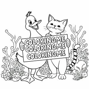 A friendly duck and cat, holding a sign with "COLORINGME COLORINGME COLORINGME" written in white bubble letters, in profile, in an underwater coral reef kingdom with vibrant colors and surreal elements, 4k, highly detailed
