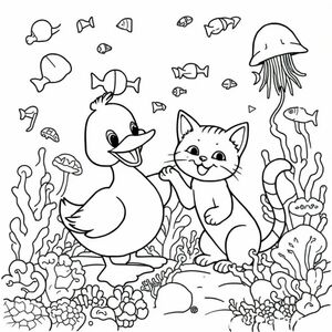 Two playful DUCK and CAT joyfully playing and interacting with each other in a colorful, lively underwater coral reef kingdom setting, with a surreal and imaginative style, 4K resolution, hyper-realistic