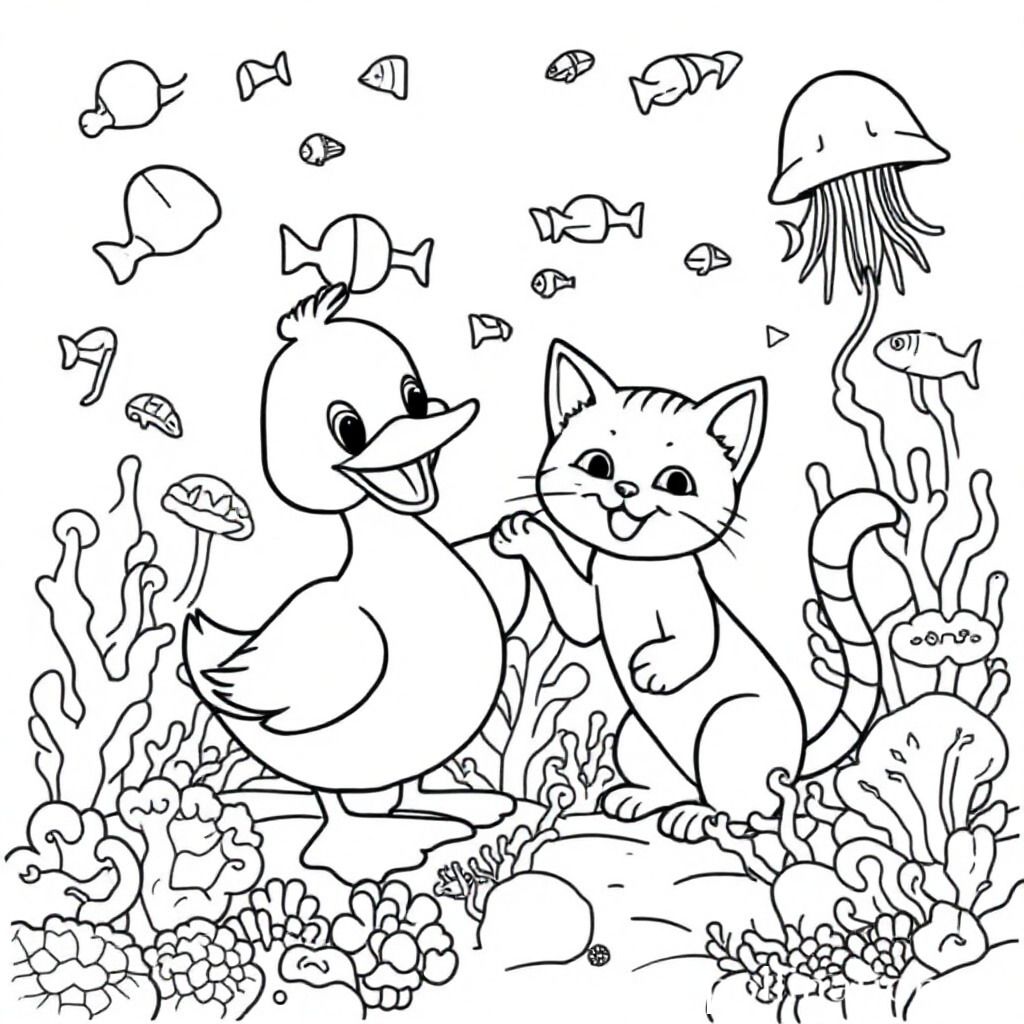 Two playful DUCK and CAT joyfully playing and interacting with each other in a colorful, lively underwater coral reef kingdom setting, with a surreal and imaginative style, 4K resolution, hyper-realistic