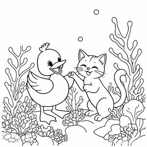 Hai chú vịt và chú mèo tinh nghịch vui vẻ chơi đùa và tương tác với nhau trong khung cảnh vương quốc rạn san hô dưới nước đầy màu sắc, sống động, mang phong cách siêu thực và giàu trí tưởng tượng, độ phân giải 4K, siêu thực

