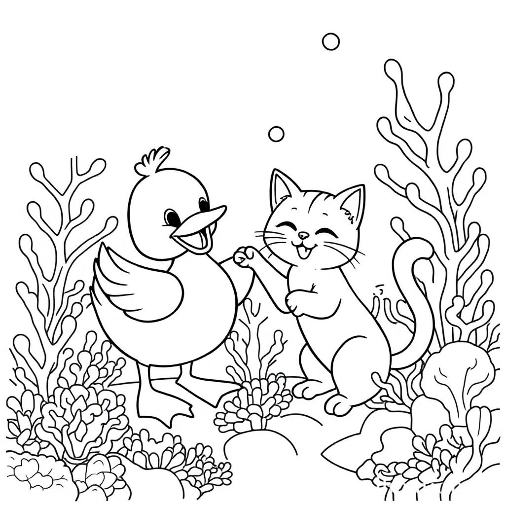 Hai chú vịt và chú mèo tinh nghịch vui vẻ chơi đùa và tương tác với nhau trong khung cảnh vương quốc rạn san hô dưới nước đầy màu sắc, sống động, mang phong cách siêu thực và giàu trí tưởng tượng, độ phân giải 4K, siêu thực
