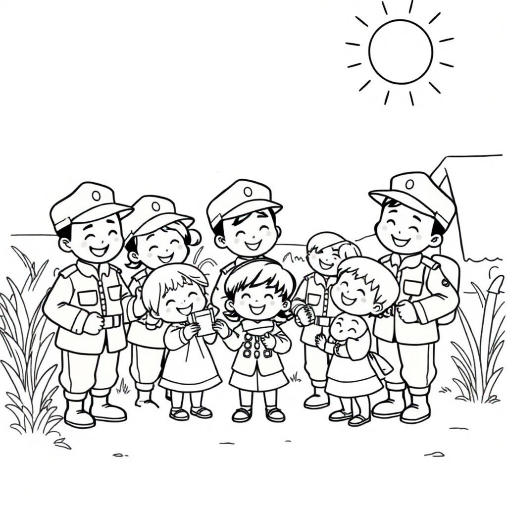 "A group of Vietnamese soldiers in their green uniforms, smiling and interacting with joyful children in a rural village. The soldiers are giving small gifts to the kids, while the children look up to them with admiration on a sunny day.", chibi style, ar 100:141