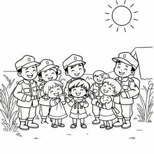 "A group of Vietnamese soldiers in their green uniforms, smiling and interacting with joyful children in a rural village. The soldiers are giving small gifts to the kids, while the children look up to them with admiration on a sunny day.", chibi style, ar 100:141