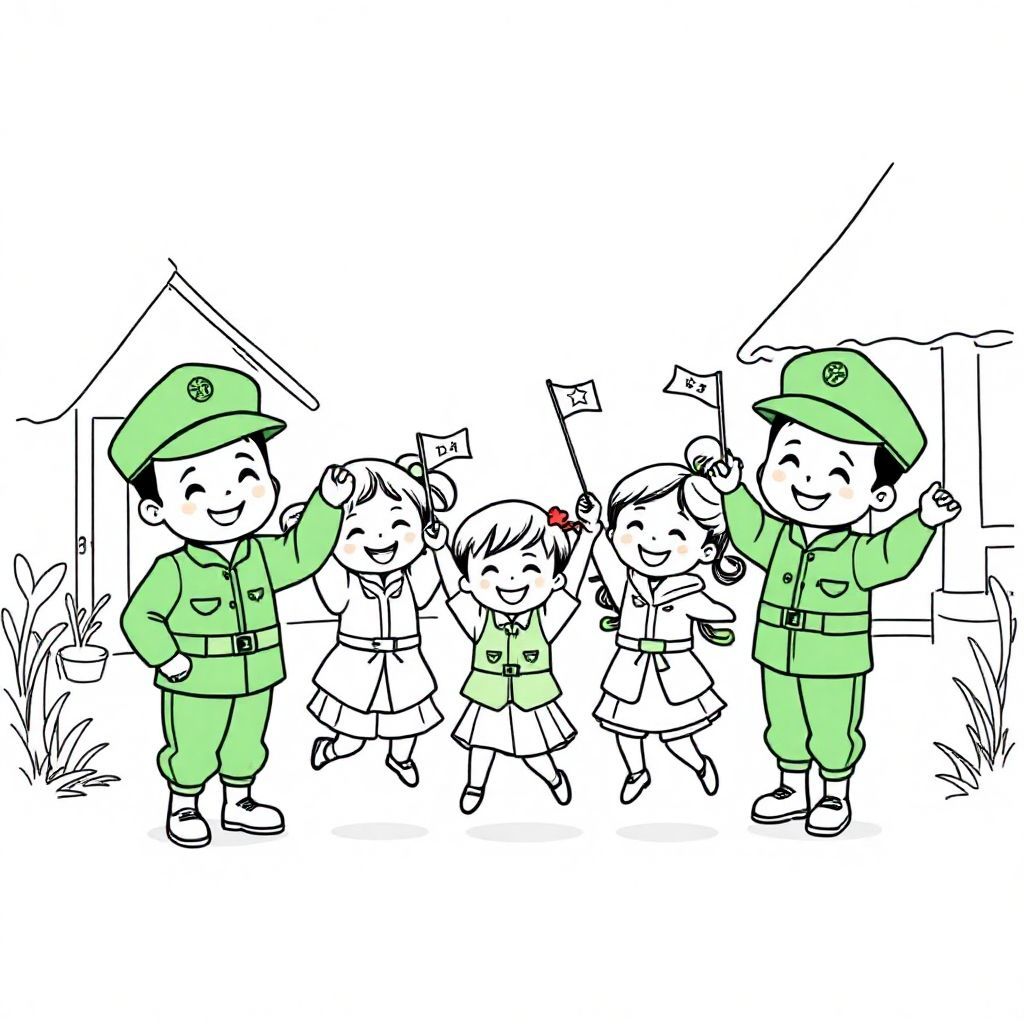 "Chibi Vietnamese soldiers in their green uniforms, smiling and handing small flags to excited children. The kids are jumping with joy, all in a rural village setting, with simple lines and minimal detail for a coloring page. Chibi style."