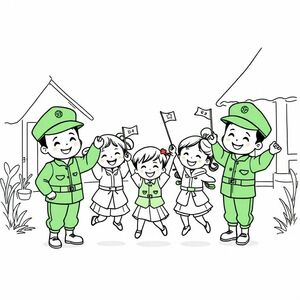 "Chibi Vietnamese soldiers in their green uniforms, smiling and handing small flags to excited children. The kids are jumping with joy, all in a rural village setting, with simple lines and minimal detail for a coloring page. Chibi style."