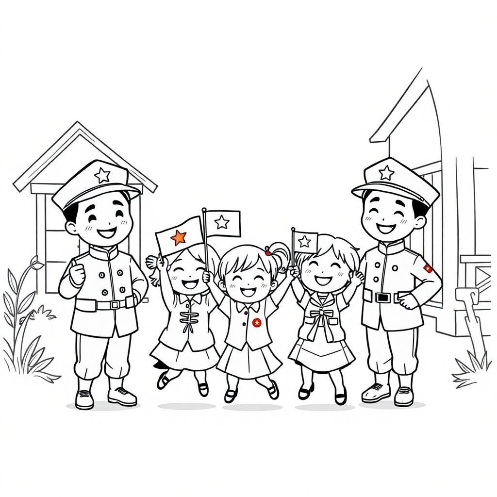 "Chibi Vietnamese soldiers in their uniforms, smiling and handing small vietnamese flags to excited children. The kids are jumping with joy, all in a rural village setting, with simple lines and minimal detail for a coloring page. Chibi style."