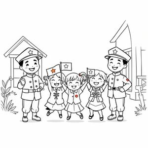"Chibi Vietnamese soldiers in their uniforms, smiling and handing small vietnamese flags to excited children. The kids are jumping with joy, all in a rural village setting, with simple lines and minimal detail for a coloring page. Chibi style."