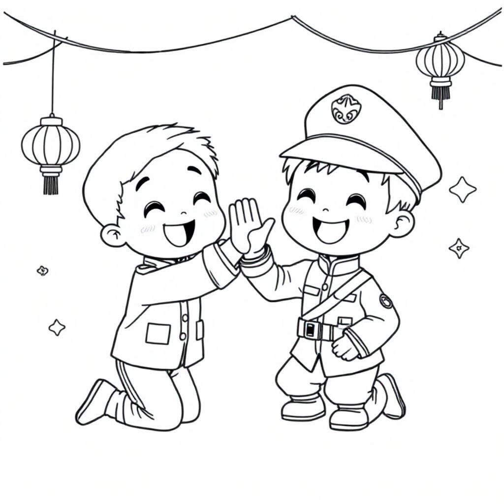 "A chibi Vietnamese soldier kneeling down to high-five a happy child, both of them smiling brightly, with festive decorations and a simple background for children to color. Chibi style."