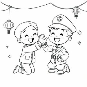 "Một người lính Việt Nam chibi quỳ gối trên cao năm đứa trẻ hạnh phúc, cả hai đều mỉm cười rạng rỡ, với đồ trang trí lễ hội và phông nền đơn giản để trẻ tô màu. Phong cách Chibi."