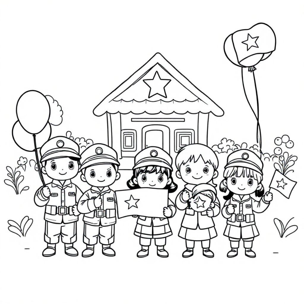 "Những người lính và trẻ em Chibi đứng cùng nhau trước một ngôi làng nhỏ, cầm bóng bay và vẫy cờ Việt Nam. Mọi người đều có đôi mắt to, biểu cảm và khuôn mặt tròn dễ thương. Phong cách Chibi."