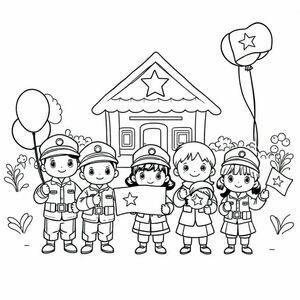 "Chibi soldiers and children standing together in front of a small village, holding balloons and waving Vietnamese flags. Everyone has big, expressive eyes and cute, round faces. Chibi style."