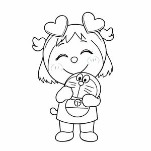 A little young girl holding a Doraemon doll, with two heart-shaped headbands