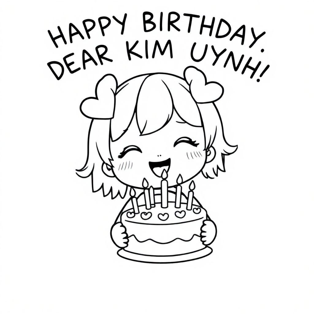 Chibi, cute, a little young girl with two heart-shaped headbands, holding a birthday cake, the text "HAPPY BIRTHDAY, DEAR KIM QUYNH!"