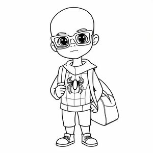 A boy with BALD black hair, buzzcut hairstyle, black eyes, wearing brown tortoise square glasses, wearing a Spider-Man costume, carrying a school bag, full body as the central focus.