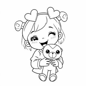 Một cô bé dễ thương, đeo hai chiếc băng đô hình trái tim, cầm một con búp bê Labubu