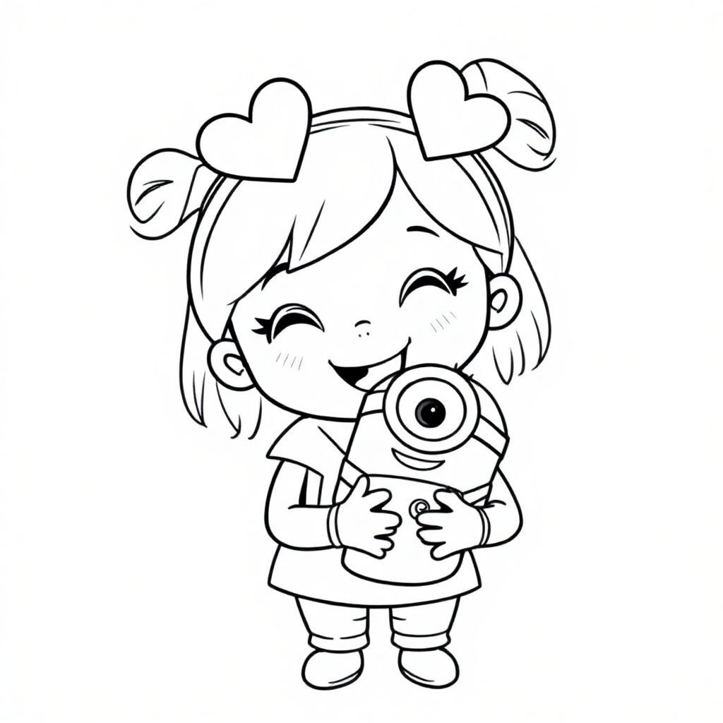 A little young cute girl, wearing two heart-shaped headbands, holding a Minion doll