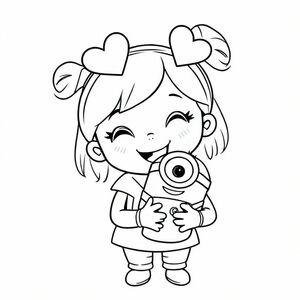 A little young cute girl, wearing two heart-shaped headbands, holding a Minion doll