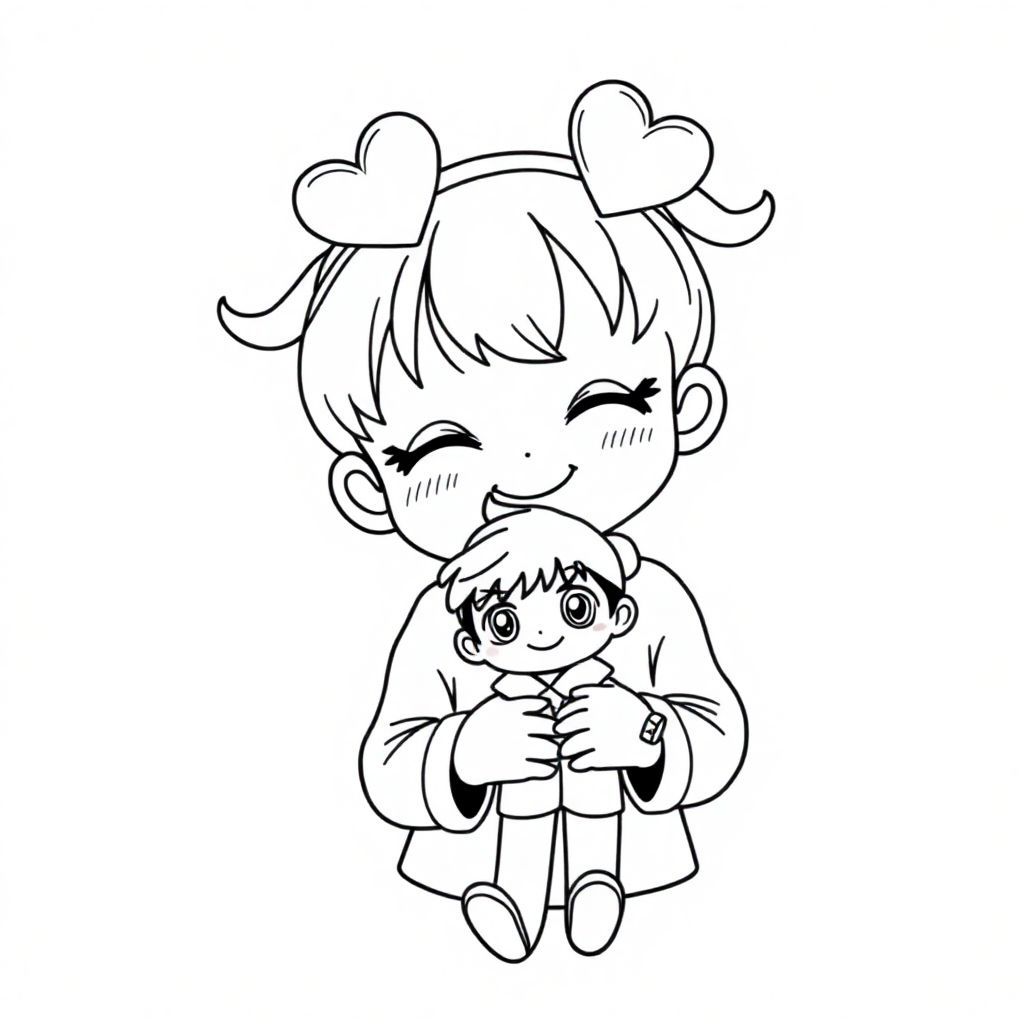 A little young cute girl, wearing two heart-shaped headbands, holding a Detective Conan 
doll