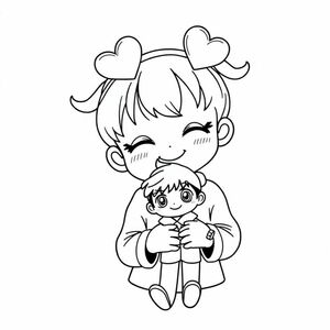 A little young cute girl, wearing two heart-shaped headbands, holding a Detective Conan 
doll