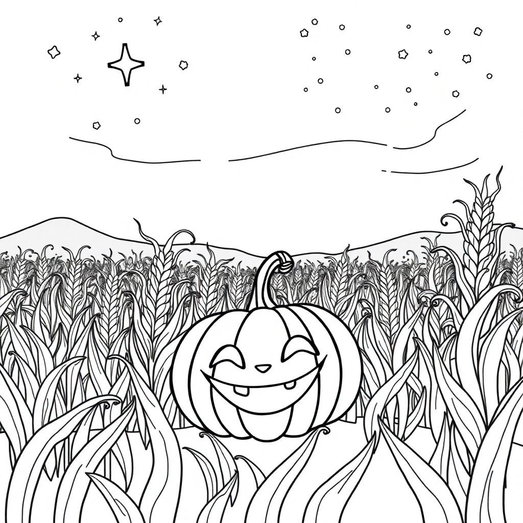 a halloween pumkin with cute smile face at mid night in the corn field