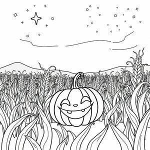 a halloween pumkin with cute smile face at mid night in the corn field