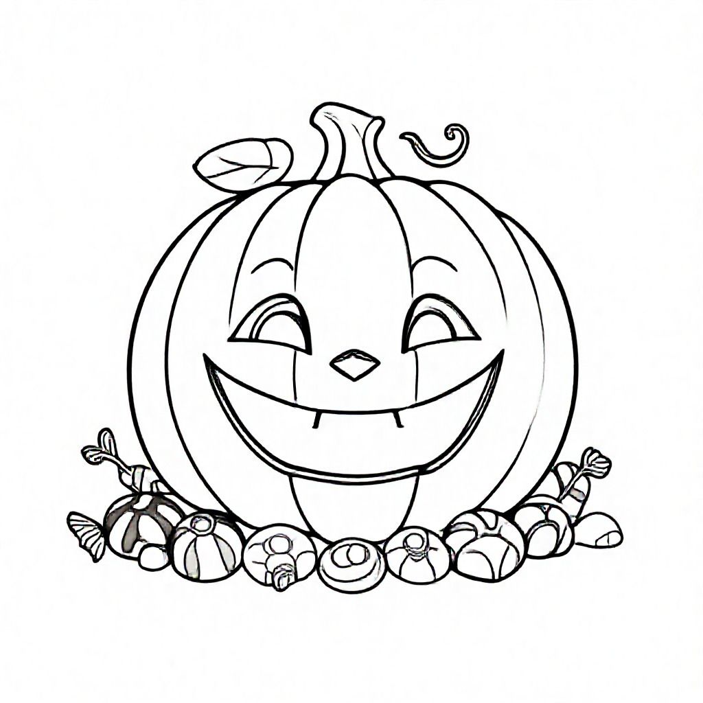 Một Pumkin Halloween với nụ cười dễ thương ở xung quanh kẹo
