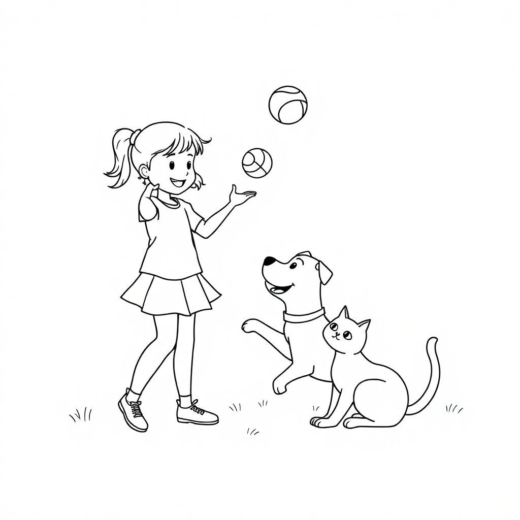 dog and cat are playing with a girl
