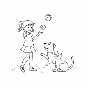 dog and cat are playing with a girl