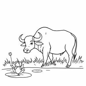 I need to draw a buffalo eating grass by the lotus lake
