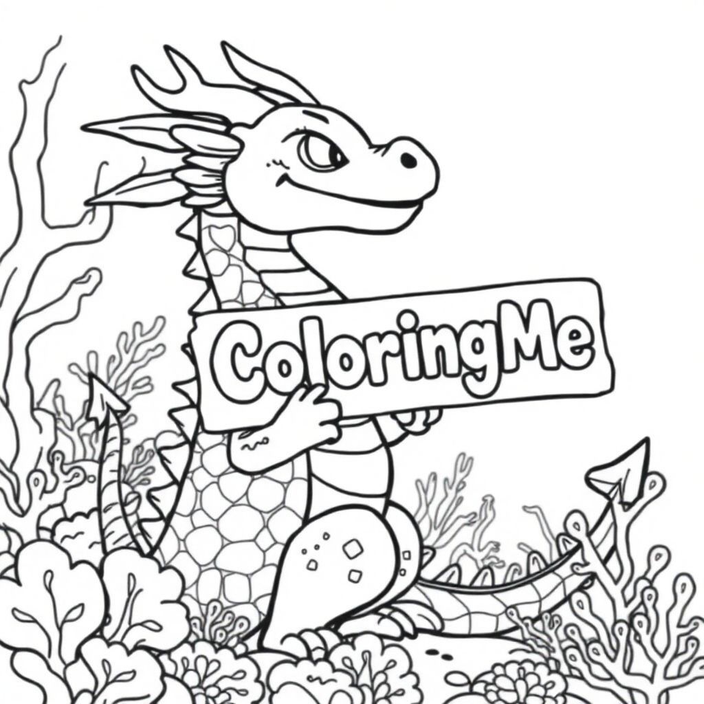 A profile view of a friendly dragon, holding a sign with "ColoringMe" written in white bubble letters, in profile, in a underwater coral reef kingdom, surrealist style