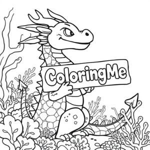 A profile view of a friendly dragon, holding a sign with "ColoringMe" written in white bubble letters, in profile, in a underwater coral reef kingdom, surrealist style