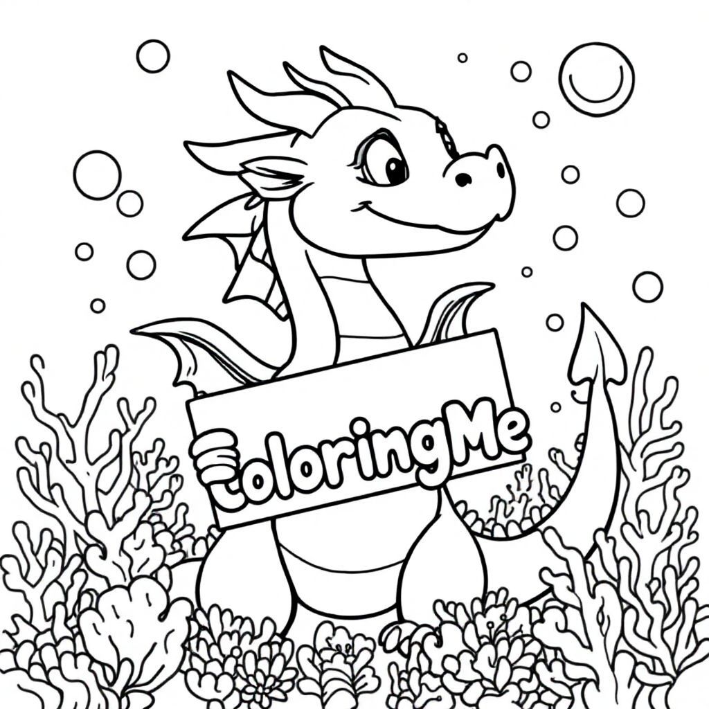 A profile view of a friendly dragon, holding a sign with "ColoringMe" written in white bubble letters, in profile, in a underwater coral reef kingdom, surrealist style