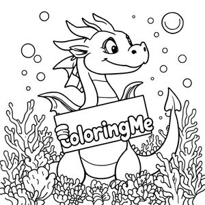 A profile view of a friendly dragon, holding a sign with "ColoringMe" written in white bubble letters, in profile, in a underwater coral reef kingdom, surrealist style