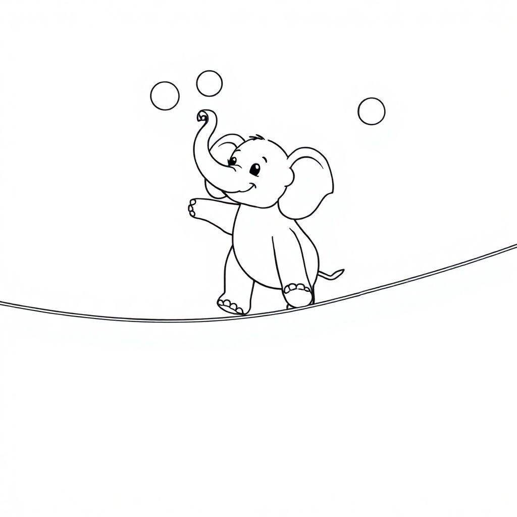 A whimsical elephant balancing on a tightrope, juggling colorful balls with its trunk.