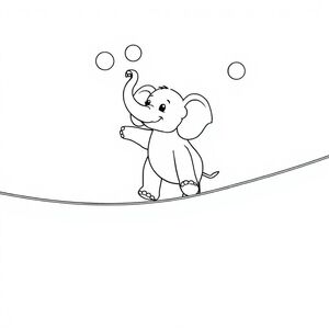 A whimsical elephant balancing on a tightrope, juggling colorful balls with its trunk.