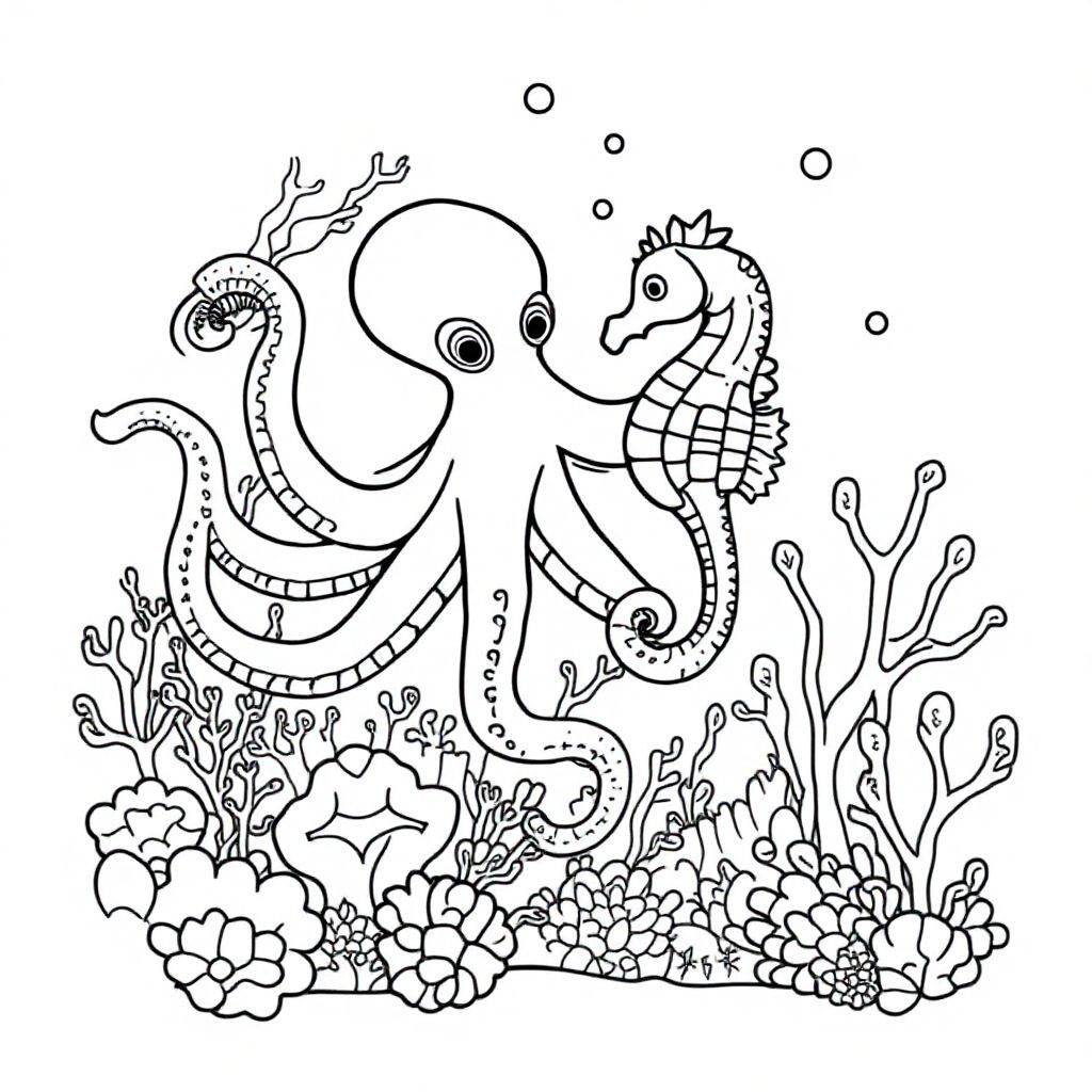An underwater dance between an octopus and a seahorse amidst a coral reef filled with hidden sea creatures.