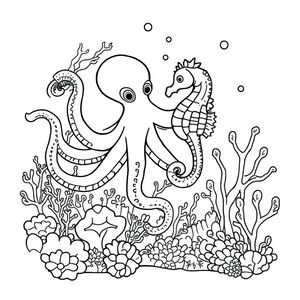 An underwater dance between an octopus and a seahorse amidst a coral reef filled with hidden sea creatures.