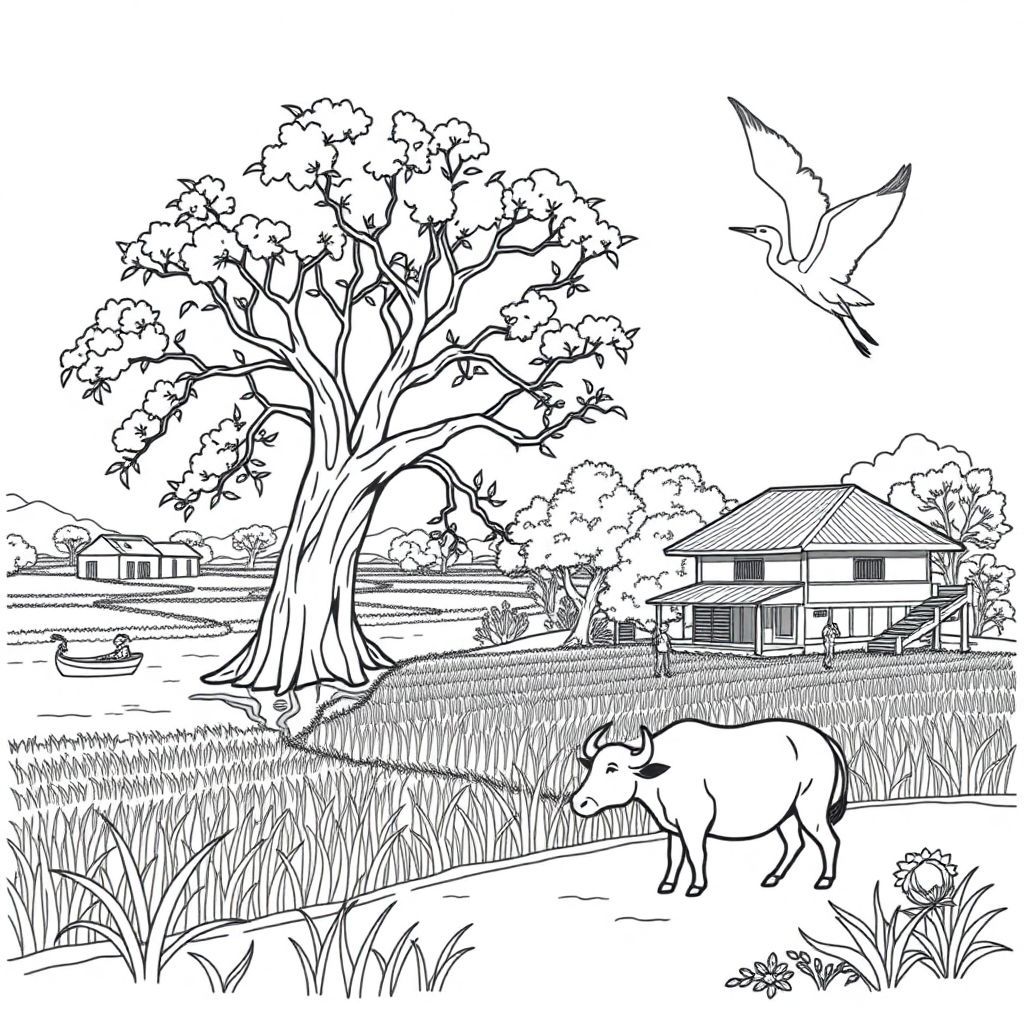 Creating for me the scenery of Thai Binh's hometown in Vietnam, where there are banyan trees, water wharves, courtyards, rice fields with straight stork wings, children herding buffaloes and mothers singing lullabies to sleep