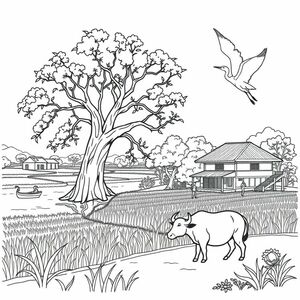 Creating for me the scenery of Thai Binh's hometown in Vietnam, where there are banyan trees, water wharves, courtyards, rice fields with straight stork wings, children herding buffaloes and mothers singing lullabies to sleep