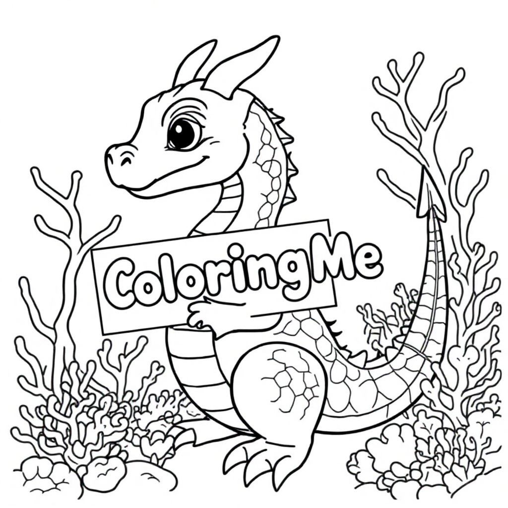 A profile view of a friendly dragon, holding a sign with "ColoringMe" written in white bubble letters, in profile, in a underwater coral reef kingdom, surrealist style so beautiful and reality