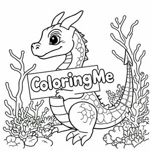 A profile view of a friendly dragon, holding a sign with "ColoringMe" written in white bubble letters, in profile, in a underwater coral reef kingdom, surrealist style so beautiful and reality