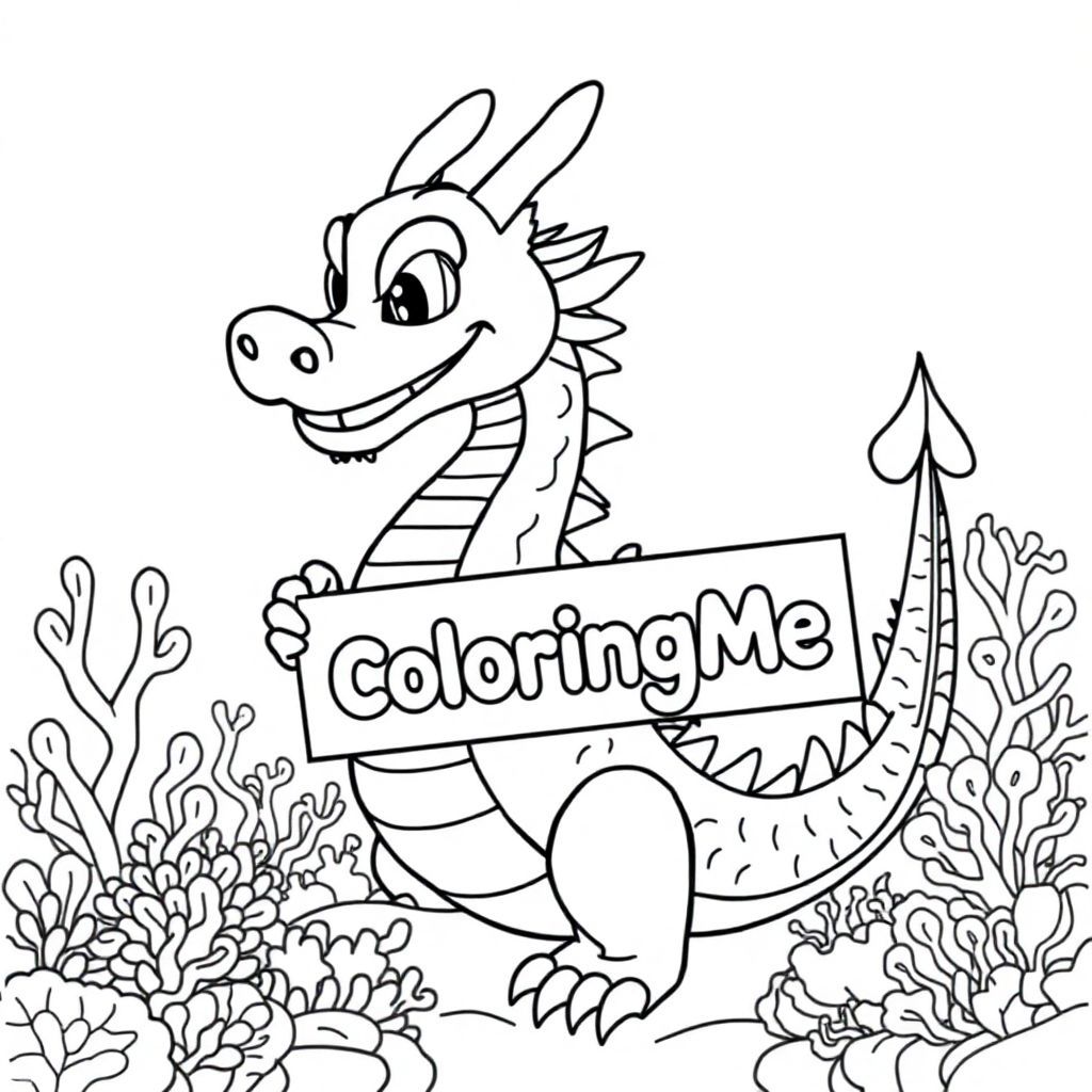 A profile view of a friendly dragon, holding a sign with "ColoringMe" written in white bubble letters, in profile, in a underwater coral reef kingdom, surrealist style, reality and beautiful like 9 heads dragon in China
