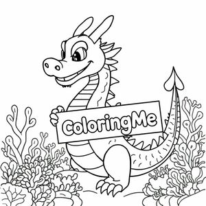 A profile view of a friendly dragon, holding a sign with "ColoringMe" written in white bubble letters, in profile, in a underwater coral reef kingdom, surrealist style, reality and beautiful like 9 heads dragon in China

