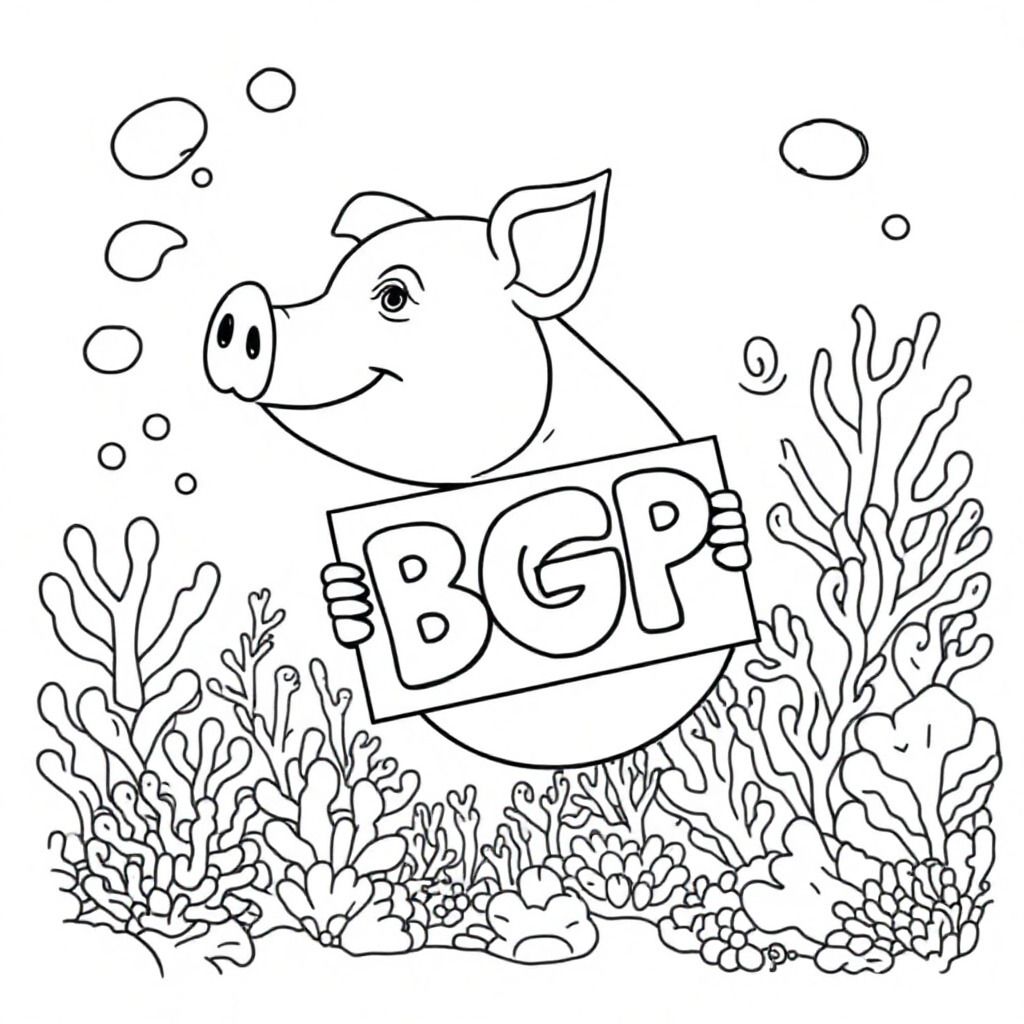 A profile view of a friendly pig, holding a sign with "BGP" written in white bubble letters, in profile, in a underwater coral reef kingdom, surrealist style